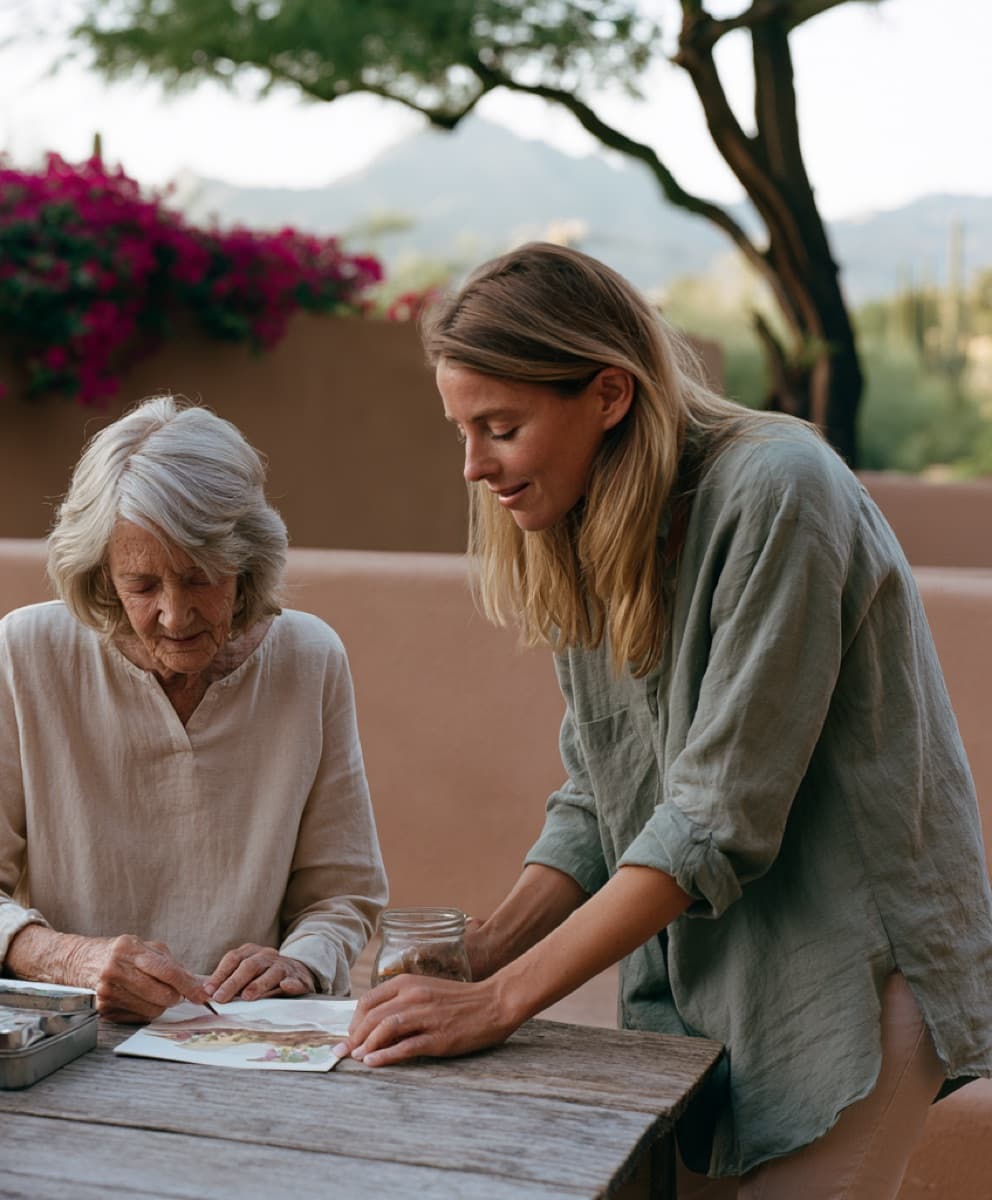 A caregiver and an older adult spending time together at home