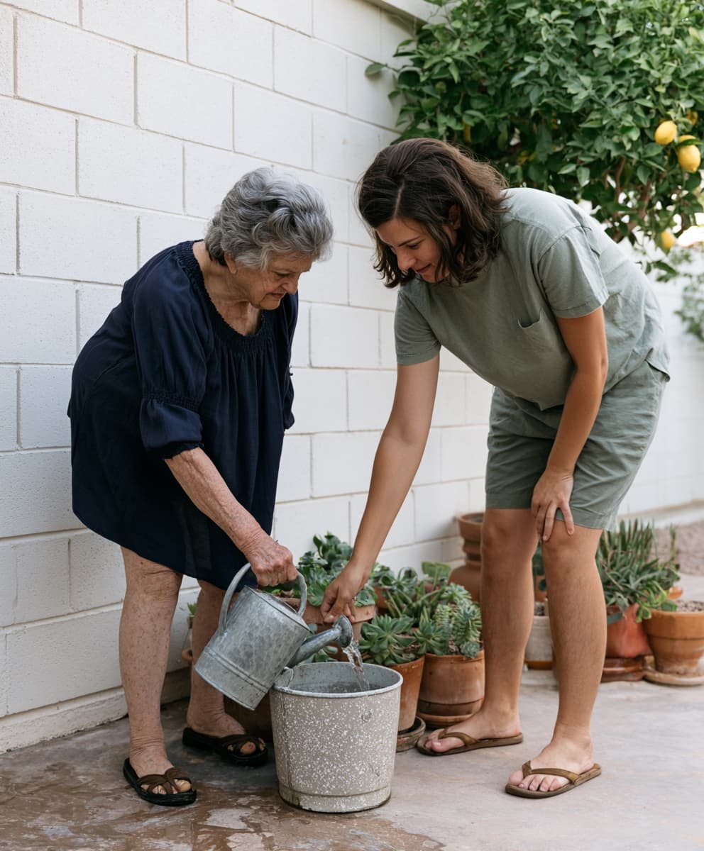 A caregiver and an older adult spending time together at home
